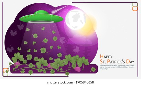 Flat illustration banner for decorating designs, on the theme of the St. Patricks Day holiday, A ufo steals clover leaves at night in a clearing