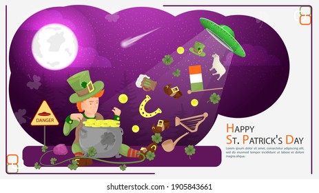 Flat illustration banner for decorating designs, on the theme of the St. Patricks Day holiday, A Ufo stole holiday symbols from a guy in a leprechaun costume, only a pot of coins remained