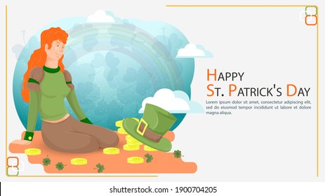 Flat illustration banner for decoration designs, on the theme of celebrating the Irish St. Patricks Day, a girl kneeling in front of a hat top hat and gold coins