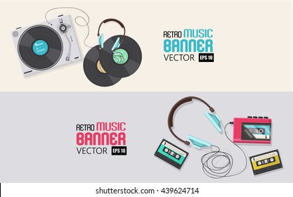 Flat illustration, Banner designs Top view of retro vinyl player and casette player with headphone,