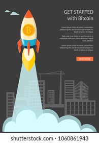Flat illustration banner with starting of rocket and symbol of bitcoin. Concept  growing of bitcoin. eps 10.