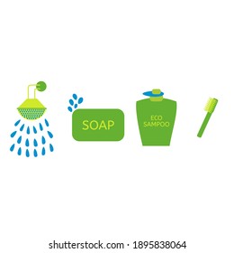 Flaches Beispiel für Barseife, Öko-Shampoo und Öko-Zahnbürste.