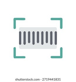 Flat illustration of a barcode with grey lines and turquoise scanner lines. Modern, simplistic design on White Background.