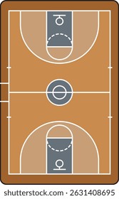 Ilustração plana de uma quadra de basquete com linhas marcadas, zonas de pintura e aros. Útil para estratégias de treinamento, gráficos esportivos ou visuais de planejamento de jogos.