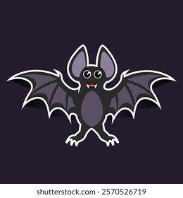 Flat illustration of bat flying sticker isolated on dark background.