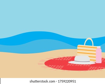 Flat illustration of Beach bag, Water bottle and Hat on round beach blanket Brown sand, and Blue sea on the background