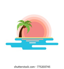 Flat illustration of beach with sunset, sea and palm tree. Vector for logo, sites or product design