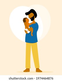 Flat illustration of a beard man carrying his little baby