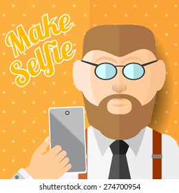 flat illustration beard man hipster with smartphone phone or gadget make photo of himself.man selfie