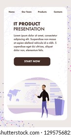 Flat Illustration Bearded Man Giving Public Speech. Banner Vector Guy with Glasses Stage Conducts IT Product Presentation. Global Product Business Company. Stage with Podium Speaker to Audience People