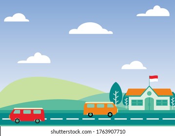 Ilustración plana de un hermoso paisaje. Bien por el diseño web, la página de inicio, etc.
