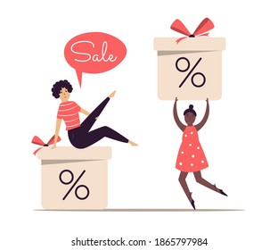 Flat illustration with beautiful girls. Sale concept, big discounts