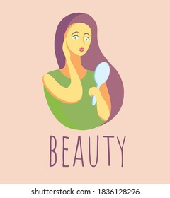 a flat illustration of a beautiful lady looking in the mirror