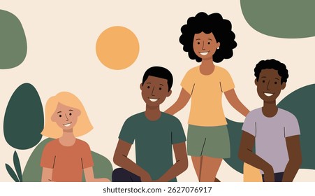 Ilustração plana de pessoas bonitas com cores de pele diferentes. Afro-americanos. Amigos felizes.