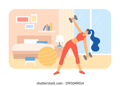 Ilustración plana de la sesión de ejercicios en casa. Mujer en equipo de fitness haciendo ejercicio usando campanas
