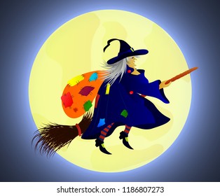 Flat illustration of Befana flying on a broom with a bag with patches on her back against background of glowing moon. As template of greeting card, invitation, banner, print, poster