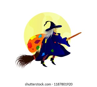 Flat illustration of Befana flying on a broom with a bag with patches on her back against background of glowing moon. As template of greeting card, invitation, banner, print, poster