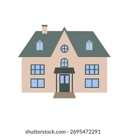 Flache Illustration eines beigen Hauses mit dunkelgrünem Dach, blauen Fenstern und einer Veranda. Einfaches, modernes Architekturdesign