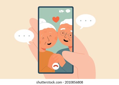 Flat illustration of being on a call with senior parents, grandparents or elderly by smartphone