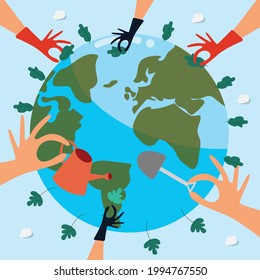 flat illustration big hands are helping to plant trees for the earth to save the environment which is to develop towards sustainability