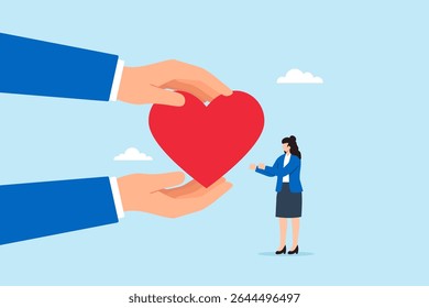 Flat illustration of big supportive hands giving red heart to businesswoman symbolizing care compassion empathy and emotional support in workplace