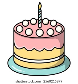 Flat illustration of a birthday cake topped with pink icing, decorative white toppings, a lit striped candle, and pastel green plate