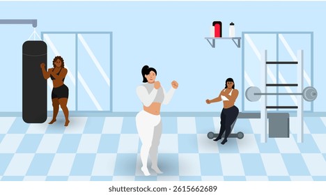 Flat illustration of black African-American man practicing boxing with Southeast Asian people in gym for sstk Wellness