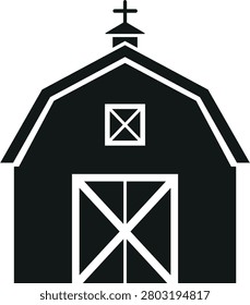 Flat illustration of a black barn front with a peaked roof loft window and large white crossed door