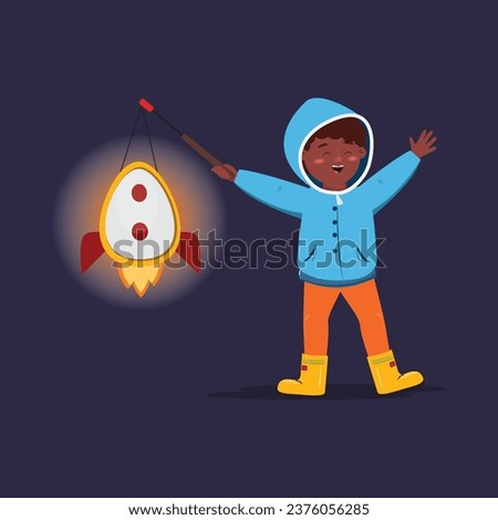 Flat illustration with a black boy holding up a lantern rocket. Saint Martin day celebration. Night walking
