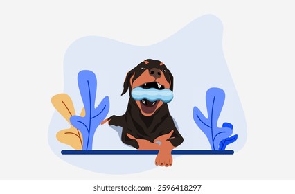 flat illustration Black dog bite or chew toy looking at camera. Bulldog playing in minimalist design style.