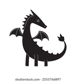 Flat illustration of a black dragon with sleek dark body, subtle wings, sharp head, flowing tail, minimalistic design, clean background