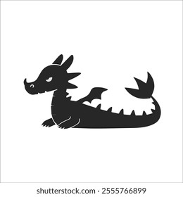 Flat illustration of a black dragon with sleek dark body, subtle wings, sharp head, flowing tail, minimalistic design, clean background