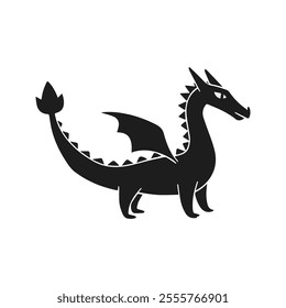 Flat illustration of a black dragon with sleek dark body, subtle wings, sharp head, flowing tail, minimalistic design, clean background