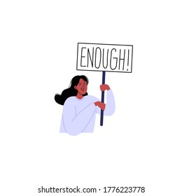 Flat illustration of a black female activist holding a protest poster and shouting. Black woman protest concept