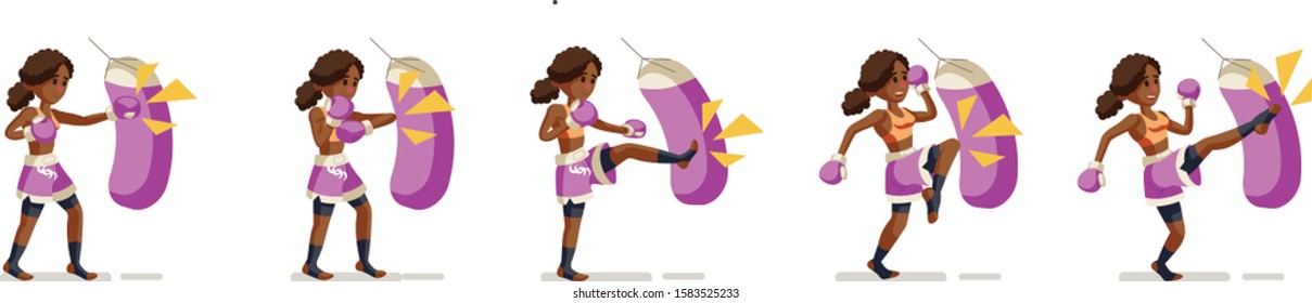 Flat illustration of a black girl performing basic Muay Thai movements.