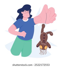 A flat illustration of black magic with voodoo doll 
