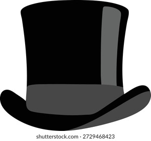 Flat illustration of a black top hat with a brim and band in a simple graphic style
