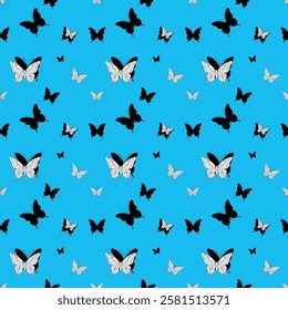 Flat illustration of black and white butterflies in a seamless pattern for a nature inspired design.