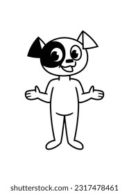 Flat illustration, in black and white, of a cute dog character in cartoon style, drawing with border lines and outlined.