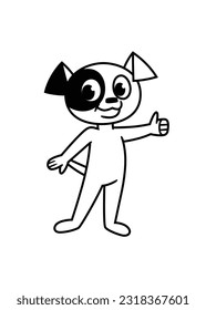 Flat illustration, in black and white, of a cute dog character in cartoon style, drawing with border lines and outlined.
