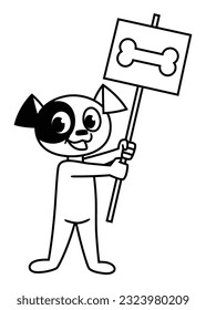 Ilustración plana, en blanco y negro, de un lindo personaje de perro
sostiene un cartel con un icono óseo, en forma de dibujo animado, con líneas de borde y delineado.