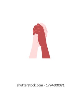 Flat illustration of black and white hand holding each other. 