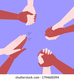 Flat illustration of black and white hands interacting with each other. Handshake, high five, holding hands