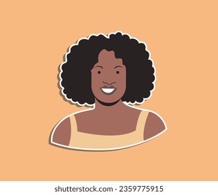 flat illustration of black woman with curly hair, afro, black, yellow clothes, sticker style