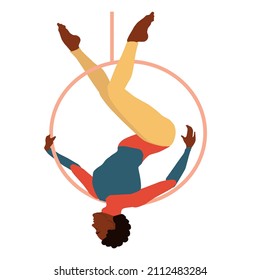 Flat illustration of a black woman on an aerial hoop isolated on white. Woman training, aerial hoop pose. Hanging hoop gymnastics.