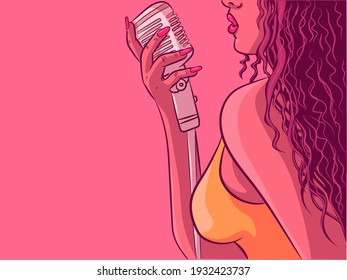 Flat illustration of a black woman singing jazz and blues with a mic. Vintage vector of a glamorous female in a dress speaking for a podcast. Artistic concept of a singer performing on a stage.