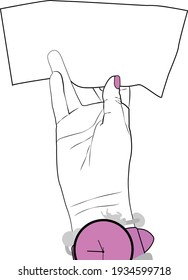 Ilustración plana con una hoja de papel en blanco en la mano. Mano de mujer con manicura, reloj y pulsera. Gráficos vectoriales. Diseño para plantillas, tarjetas, carteles, fondos, textiles.