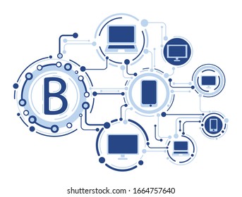 
Cadena de bloques de ilustración plana: distintos medios de almacenamiento conectados (smartphones, computadoras, portátiles)