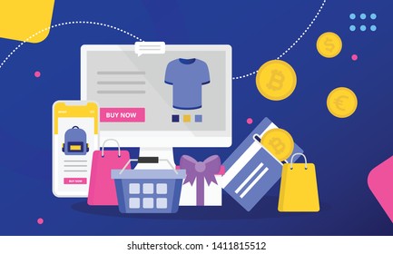 Flat illustration blockchain in the evolution of online shopping. Vector illustration.