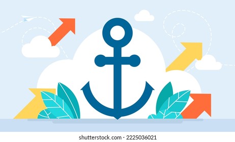 Ilustración plana de un ancla azul sobre un fondo blanco. Símbolo náutico marino. Elemento de negocio. Icono de ancla, retención, seo, aplicación, insignia, negocio, botón, cadena, contenido. Ilustración vectorial.